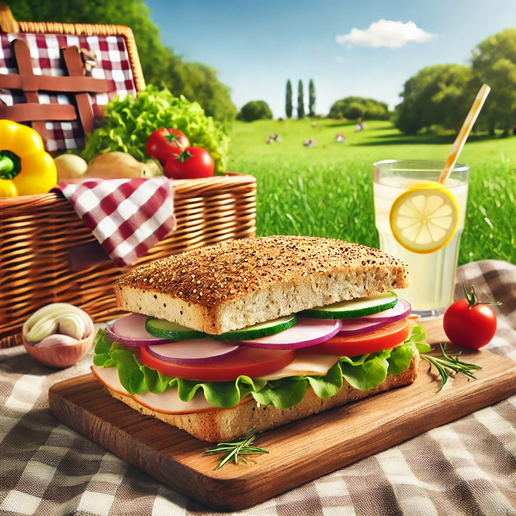 Healthy turkey sandwich picnic setup