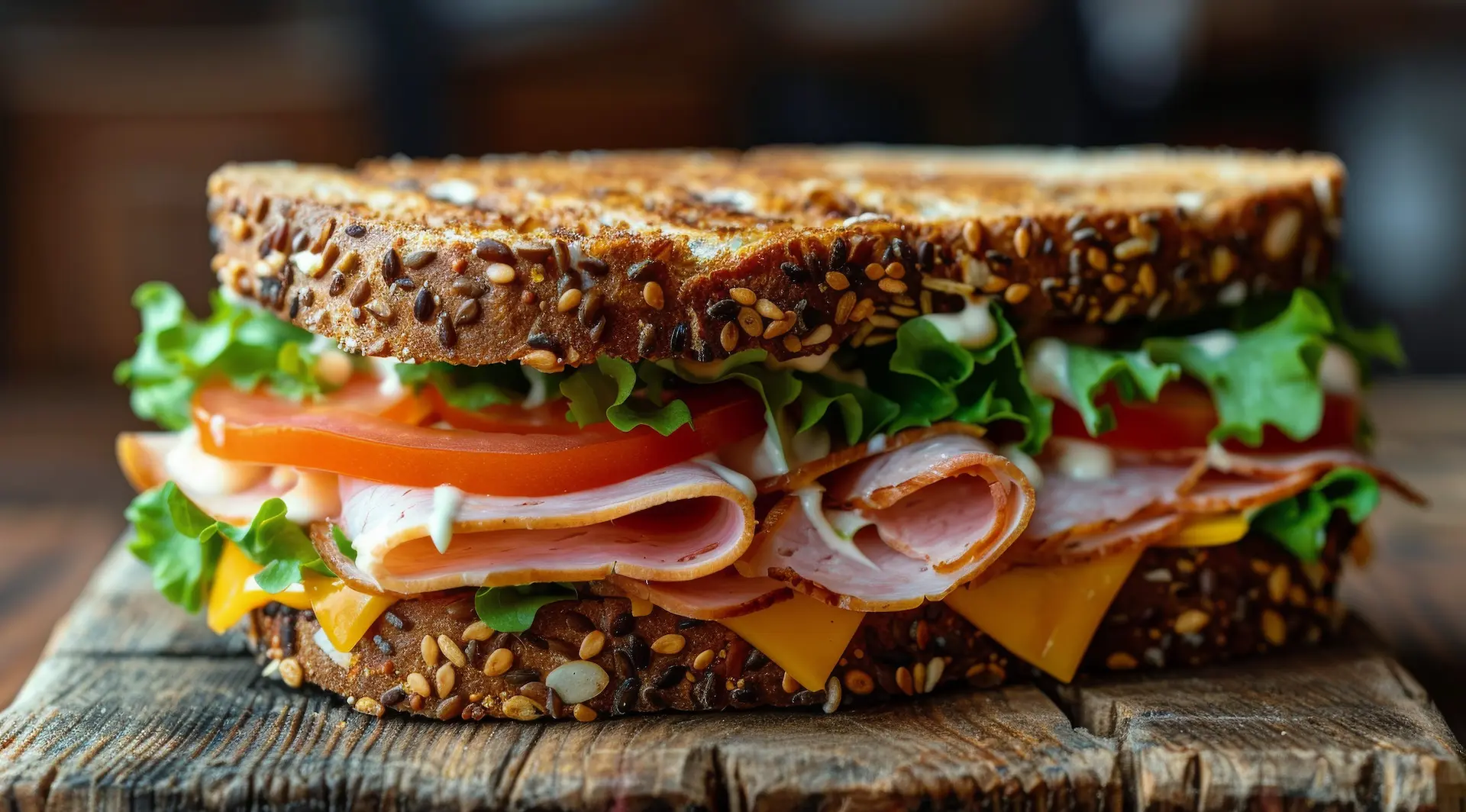 Tastic Turkey Sandwich displayed on a rustic wooden board